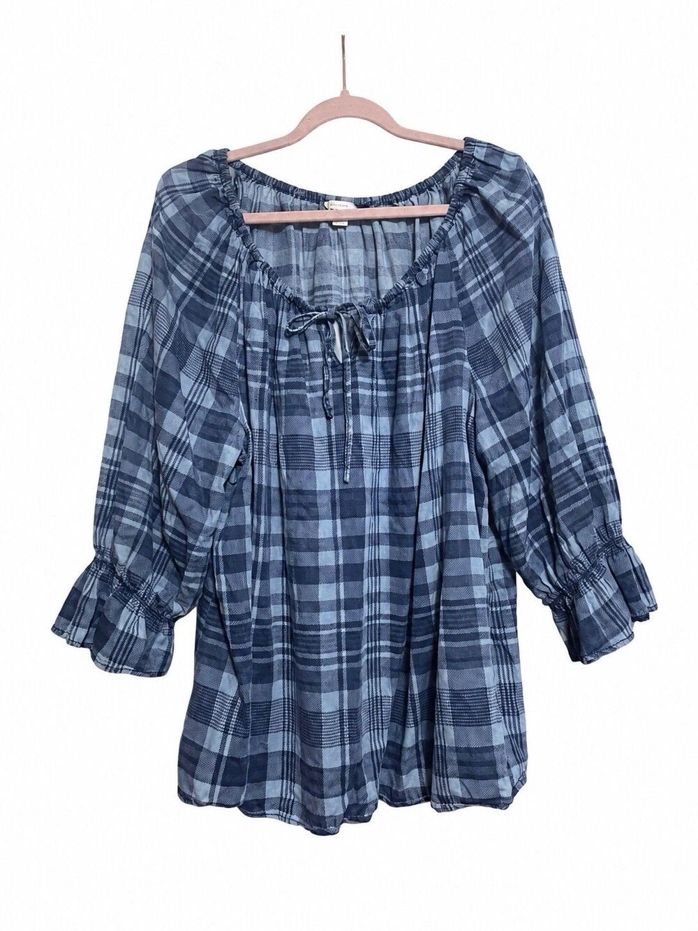 Cato Plaid Peasant Blouse 22/24W Blue Boho Tie Neck Smocked Cuff Balloon Sleeve